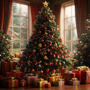 Design a stunningly beautiful Christmas tree adorned with vibran...