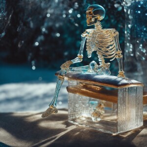 “front view of a skeleton made entirely out of crystal glass, si...