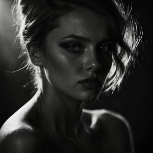 A woman portrait in b&w, noir style. Shadows. High contrast. Rea...