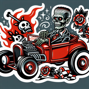 Cartoonish hot rod ghoul in an old school tattoo style