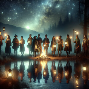 A group of young researchers with lanterns are standing near the...