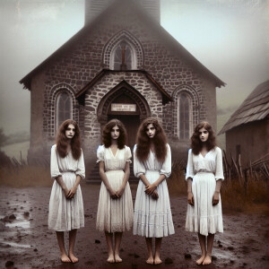 Create a color film photograph from 1962 of three beautiful 19-y...