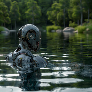 Cyborg's swimming in a lake. HDR, ultra-detailed, masterpiece,...