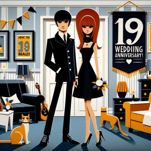 ‘Happy 19th Anniversary!’ Written
A 60s mod vibe with a tan male...