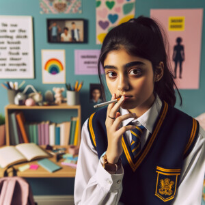 Schoolgirl smoking a cigarette in her room.