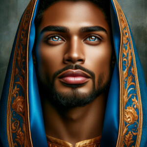 Create handsome African-American, Jesus, with Hazel Brown eyes wearing a blue and gold robe