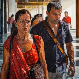 Hyperrealistic painting.A sweaty  man walking with his mother in...