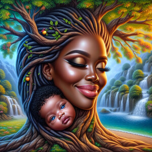 Create a close-up, hyper-realistic 3-D oil painting of a tree wi...