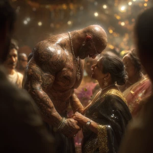 Realism,v6.a muscular beefy sweaty tattoed indian man enjoying w...