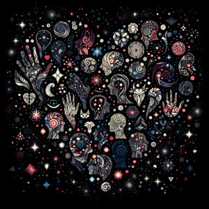 Black background scattered with beautiful watercolor celestial d...