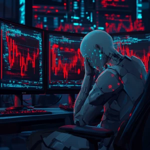 a sad Wojak character sitting in front of multiple monitors with...