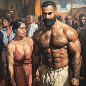 realism style art 1:1,a muscular sweaty beefy man walking  with...