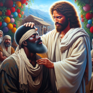 An oil painting depicting a biblical scene where Jesus, a Africa...