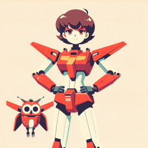 1990s anime screencap, girl a red plugsuit with drone owl compan...