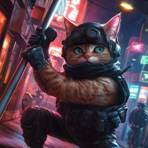 A wide-eyed ginger cat wearing a black tactical balaclava (or ma...