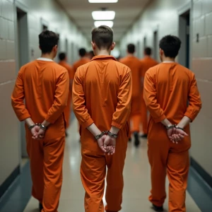 Caucasian teen males wearing fitted orange jumpsuits walk single...