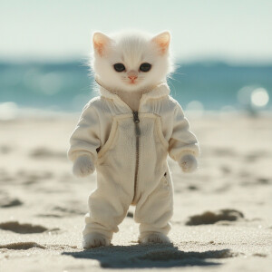 A white kitten with round black eyes and a jump suit standing li...