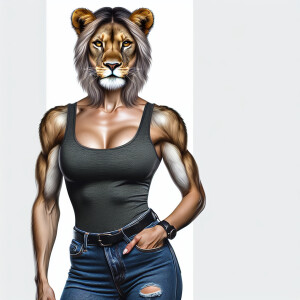 Busty Lion eared woman in a tanktop and jeans