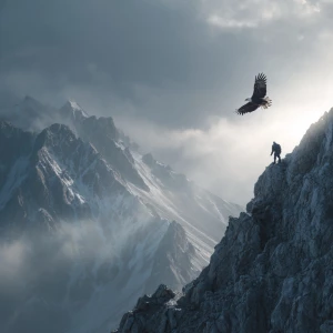 Create an image of someone climbing a mountain an an eagle is se...