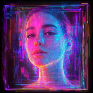 A straight-on portrait of a woman, framed by a glowing fractal p...