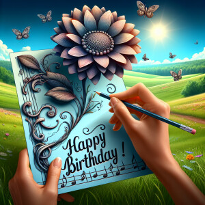 Create a vibrant 3D illustration showcasing a birthday card with...