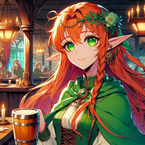 Elf female long orange hairs, green eyes, green clothes, beer wo...