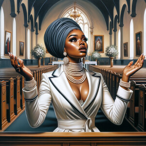 Render an airbrush oil painting of an African American woman with flawless makeup
kneeling at a church altar, her hands raised in a gesture of surrender to God. She's
dressed in stylish Sunday Best attire, with a particular focus on the delicate details of
her Church Hat. The background features a beautifully painted church interior, with the
oil paint texture enhancing the sacred atmosphere. The artwork should capture the
woman's devout expression, the elegance of her attire, and the spiritual ambiance of
the church setting, reflecting a moment of deep faith and devotion.