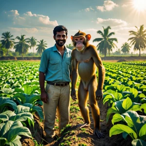 “Farmer and monkey happily standing together in the field with f...