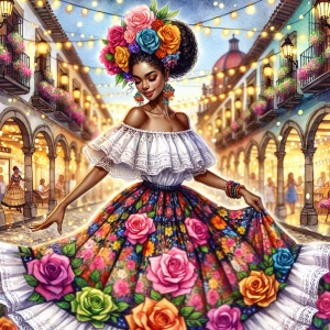 A detailed digital watercolor  illustration of a beautiful Afro Latina woman in a vibrant traditional Mexican folkloric dress dances gracefully in a lively, festive street. The dress has an off-shoulder white lace top and a voluminous, multicolored skirt adorned with intricate floral embroidery, bold roses, & detailed patterns. Her dark hair is elegantly styled in an updo, decorated with bright flowers matching her dress. Background showcases a picturesque colonial-style town illuminated by warm, glowing lanterns & string lights. The cobblestone street is lined with flower-filled balconies & lampposts, with people enjoying the festive atmosphere. The setting exudes a magical, celebratory ambiance, rich in color & culture.