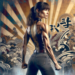 Athletic Thin skinny Attractive, Asian teenage girl, long brown hair and bangs, wearing tight skinny jeans and a halter top paint marks on her clothing, heroic pose Asian graffiti background, backside view