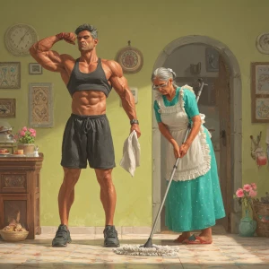 realism. A muscular indian man exercising in his house while his...