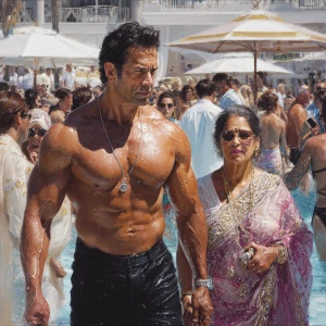 Hyperrealism,sharp painting,a muscular beefy criminal man walkin...