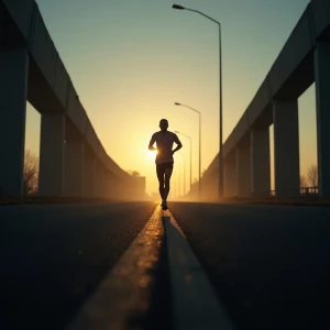 Silhouette of a runner mid-stride on an empty road or bridge at...