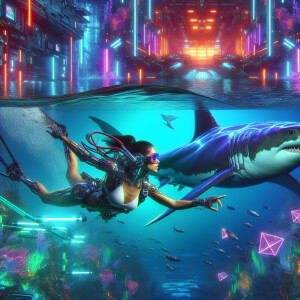 underwater image of a woman freediving alongside a great white s...