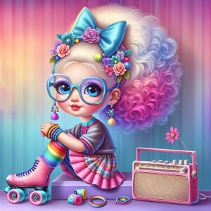 A whimsical 3 year old doll-like girl with large blue tinted rou...