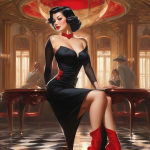 Anime art very beautiful woman black mini dress in high heels wi...