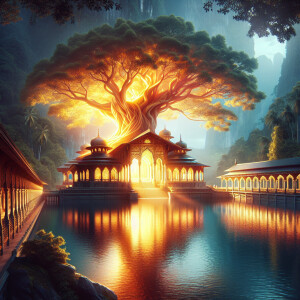 A large glowing tree surrounded by water is located inside an Ar...