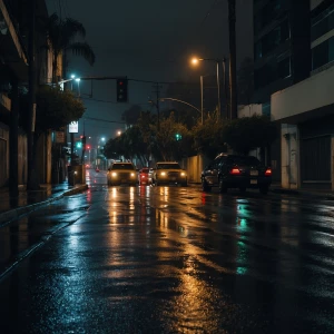 A nighttime view of Los Angeles right after a heavy rain, showca...
