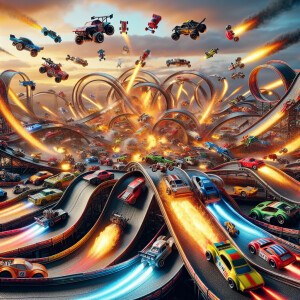 The most epic hot wheels car race possible in a picture displayi...