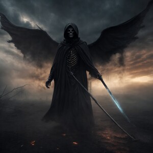 A menacing Grim Reaper with tattered black robes, sharp scythe,...