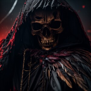 A menacing zombie crow skeleton with decaying feathers, razor-sh...