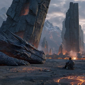 Ultra-photorealistic, cinematic wide shot of a lone dragonrider...