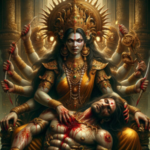 portrait of angry looking, four-armed indian goddess sitting on...
