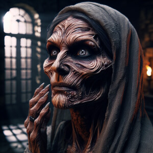 A grotesque, hyper-realistic human woman with exaggerated featur...