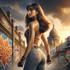 Athletic Thin skinny Attractive, Asian teenage girl, long brown hair and bangs, wearing tight skinny jeans and a halter top paint marks on her clothing, heroic pose Asian graffiti background, backside view