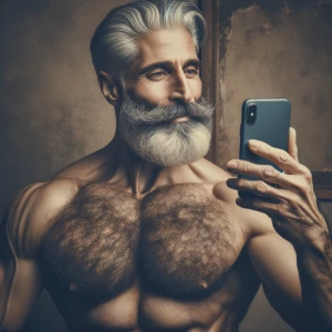 The image shows a middle-aged man with a muscular, hairy physiqu...