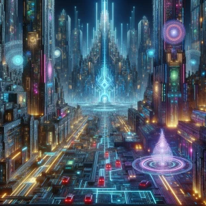 A mesmerizing time capsule in a cartoon depicts a futuristic cit...