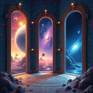 Intricate sci-fi illustration featuring three interconnected doo...