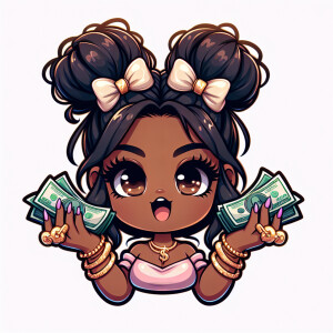 A high-quality chibi-style exaggerated melanin girl messy bun, b...