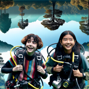 Two girls in scuba gear are standing near the lake and there are...